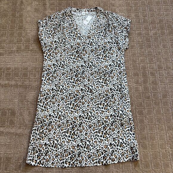 GAP Leopard Cheetah Print Dress White Black Short Sleeve Pullover Medium Tall - Picture 1 of 7